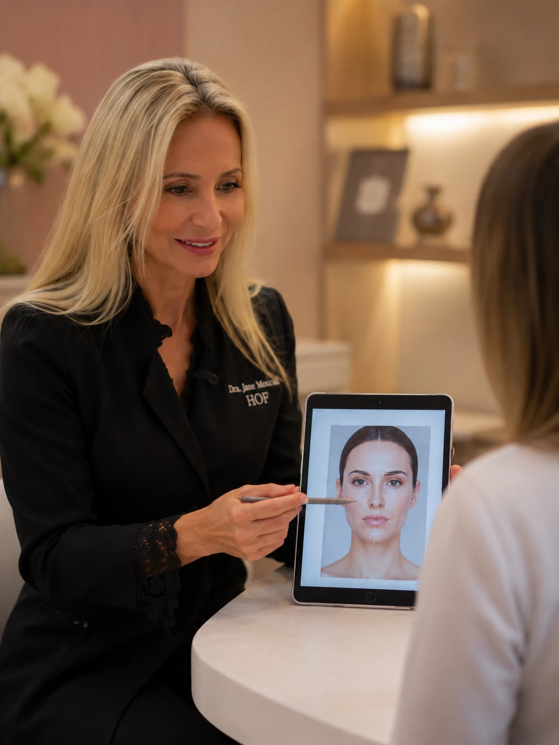 Dra. Jane Mourad apresentando um planejamento facial personalizado